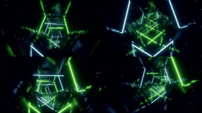 发光灯科幻未来派绿色蓝色高科技宇宙飞船外星隧道走廊环路充满活力运动飞行芯片详细无尽黑暗空管复古