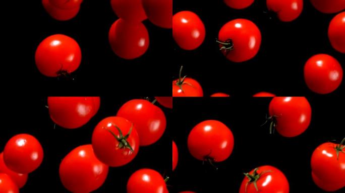 西红柿在黑色背景上飞落