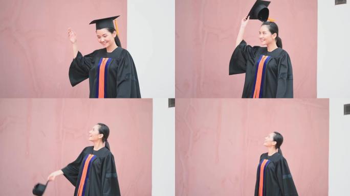 亚洲女学生毕业于大学，获得学士学位。
