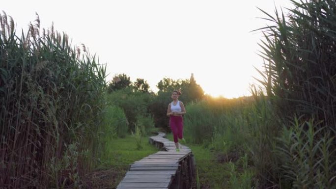 户外运动，美丽身材的活跃运动员女孩在日落时在草地上的自然木桥上奔跑
