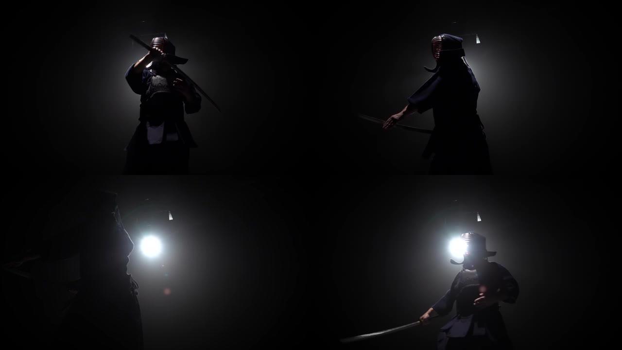 剑道战士正在用武士刀练习武术。慢动作