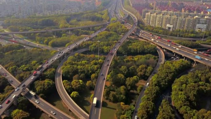 高速公路路口绿树成荫的汽车鸟瞰图。建筑结构和交通概念中的桥梁道路或街道。顶视图。中国上海中午的城市。