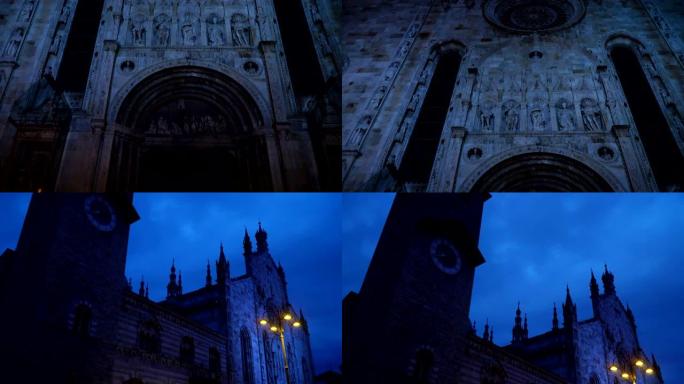 夜间科莫市的罗马天主教大教堂。