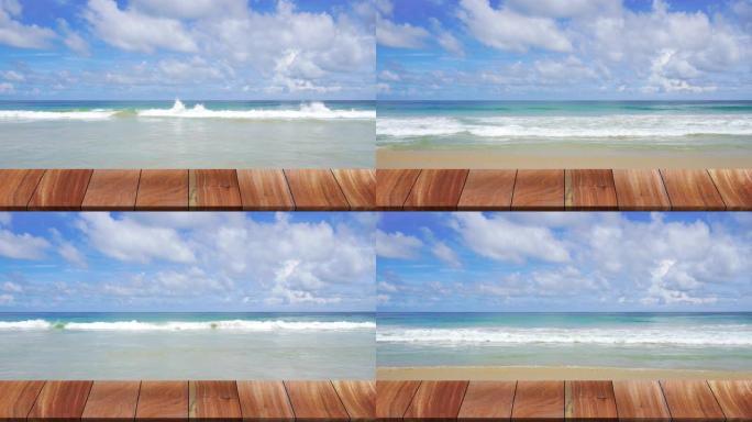 模糊海滩海洋背景上的木制桌面图案透视。