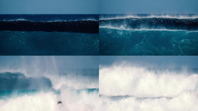 海洋海滩附近的蓝色大浪飞溅-夏季氛围和度假概念-热带岛屿的户外美丽自然-蓝色背景-身体板运动