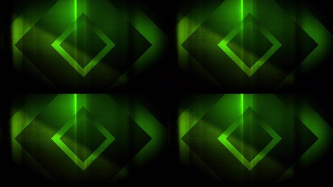 4k无缝，稀疏图案的高对比怪异和肮脏，绿色矩形形状向相机无限隧道背景视频扩展