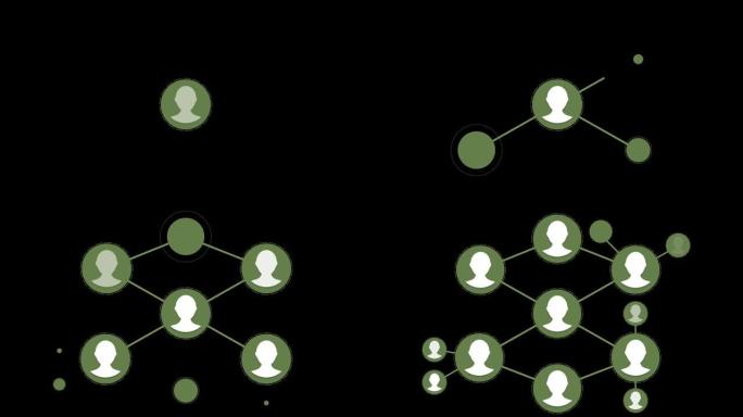 连接结构，动画抽象背景。社交媒体，黑色背景上的人物图标动画网络
