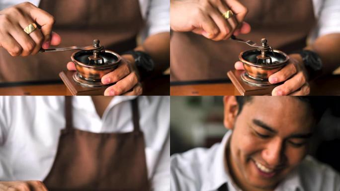 咖啡师手动在桌子上煮咖啡豆，生活方式概念。