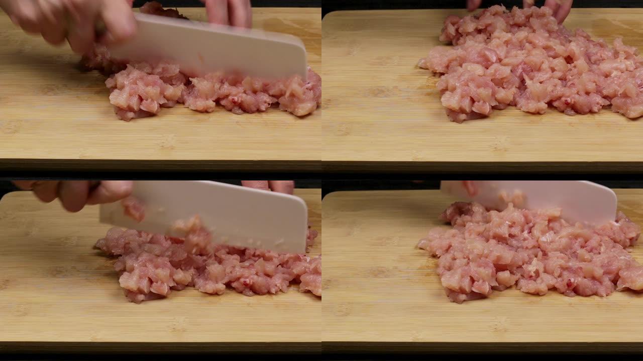 将鸡柳切成薄片，作为自制食谱或制作鸡肉的一部分。关闭