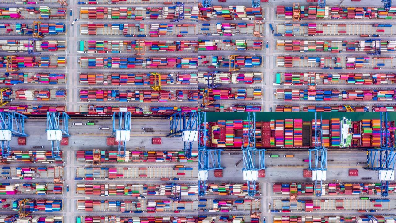 4k Hyperlapse鸟瞰深海港集装箱船舶装卸，远海集装箱船舶物流进出口运输业务的鸟瞰图。