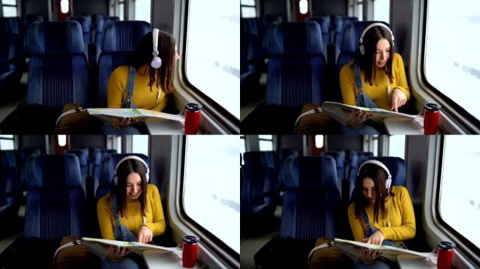 坐火车旅行的年轻女子