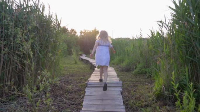 户外游戏，活跃的健康儿童女孩和男孩在绿草丛生的自然木桥上追赶并奔跑