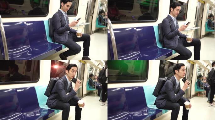 听力受损的商人坐在地铁上并使用电话