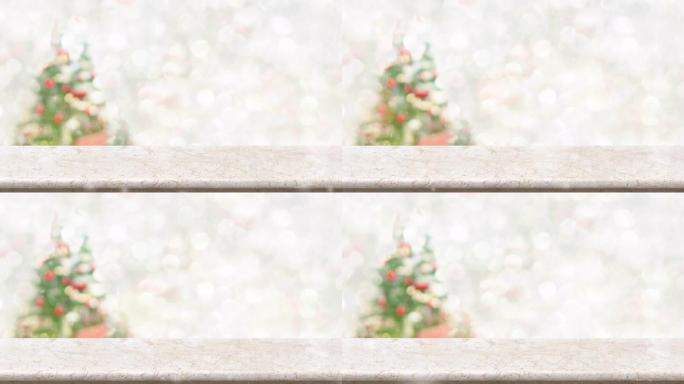 大理石桌子，带有抽象模糊的圣诞树和带有bokeh灯的雪花背景，节日背景，用于展示或蒙太奇产品的模拟横