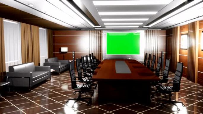 高档现代空办公室，配有木地板、书桌、扶手椅和绿屏电视面板