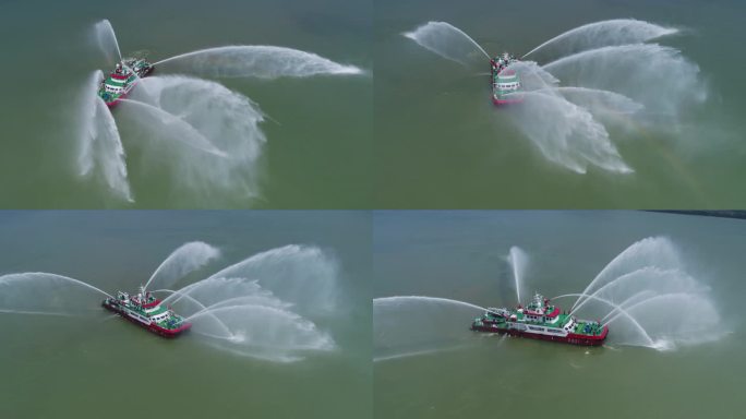 消防船喷水无人机环绕视频