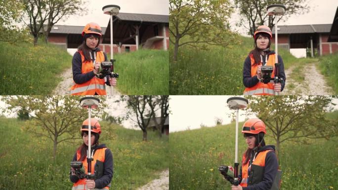 女子土地测量师用全站仪测量土地