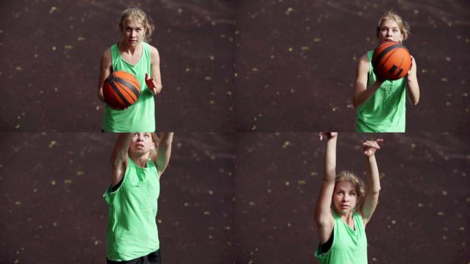 从年轻女子篮球运动员在室外球场练习投篮和慢动作投掷球的角度来看