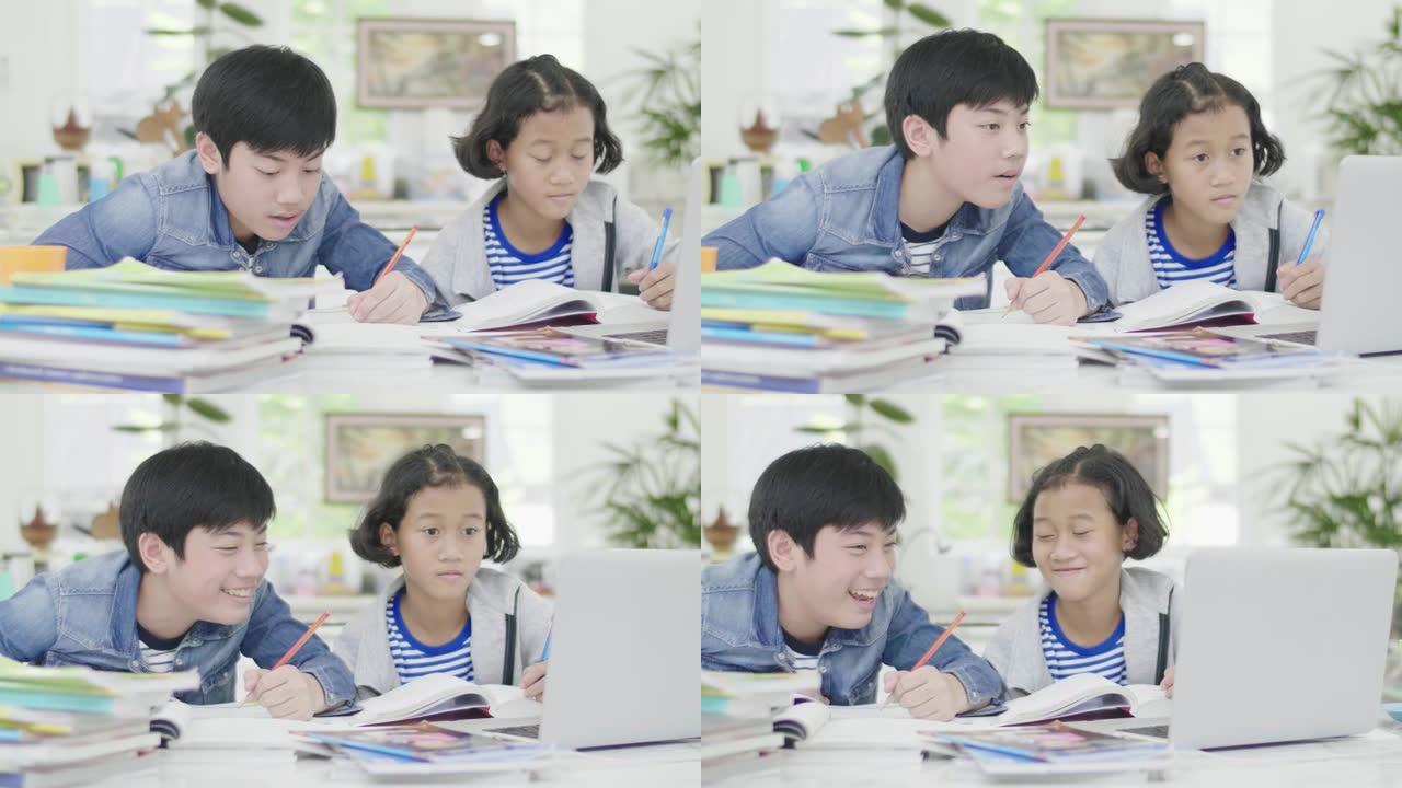 年轻的男孩正在使用计算机来教和解释作业。对有面部表情和快乐手势的朋友，多莉拍摄60fps。