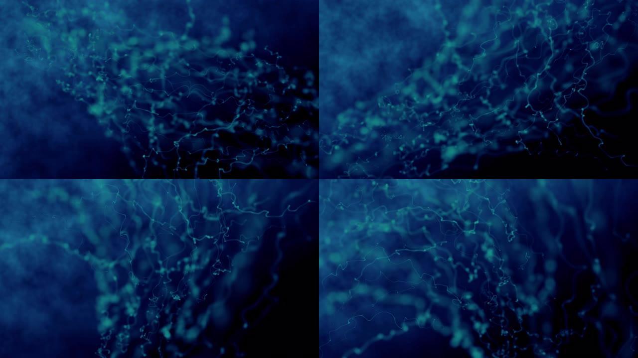 液体水下深海海洋粒子抽象背景，3D渲染水下粒子下云尘雾光带分形粒子抽象