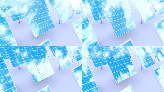表面反射天空和云的太阳能电池板模块。储能系统的概念。数字3d动画。
