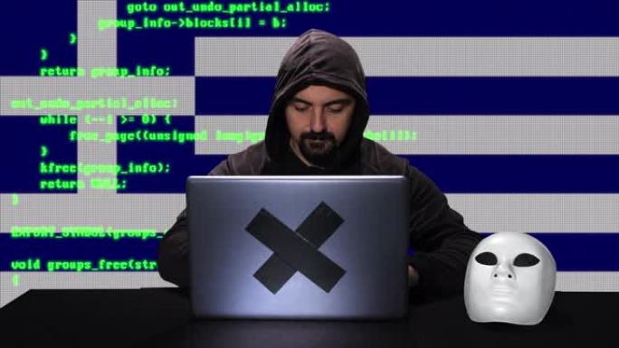 黑客在带有希腊国旗的笔记本电脑上键入代码黑客，背景中有代码动画覆盖
