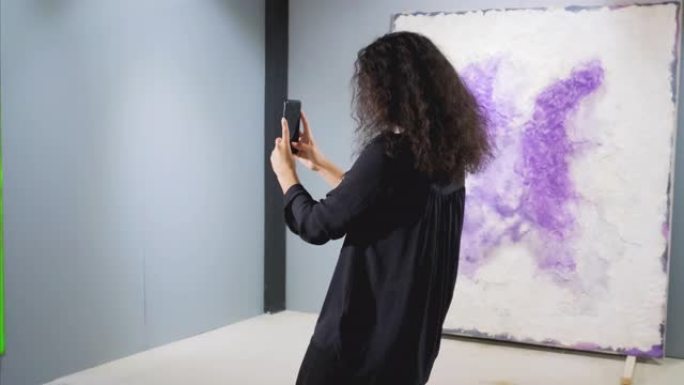 美术馆的女嘉宾正在用智能手机拍照