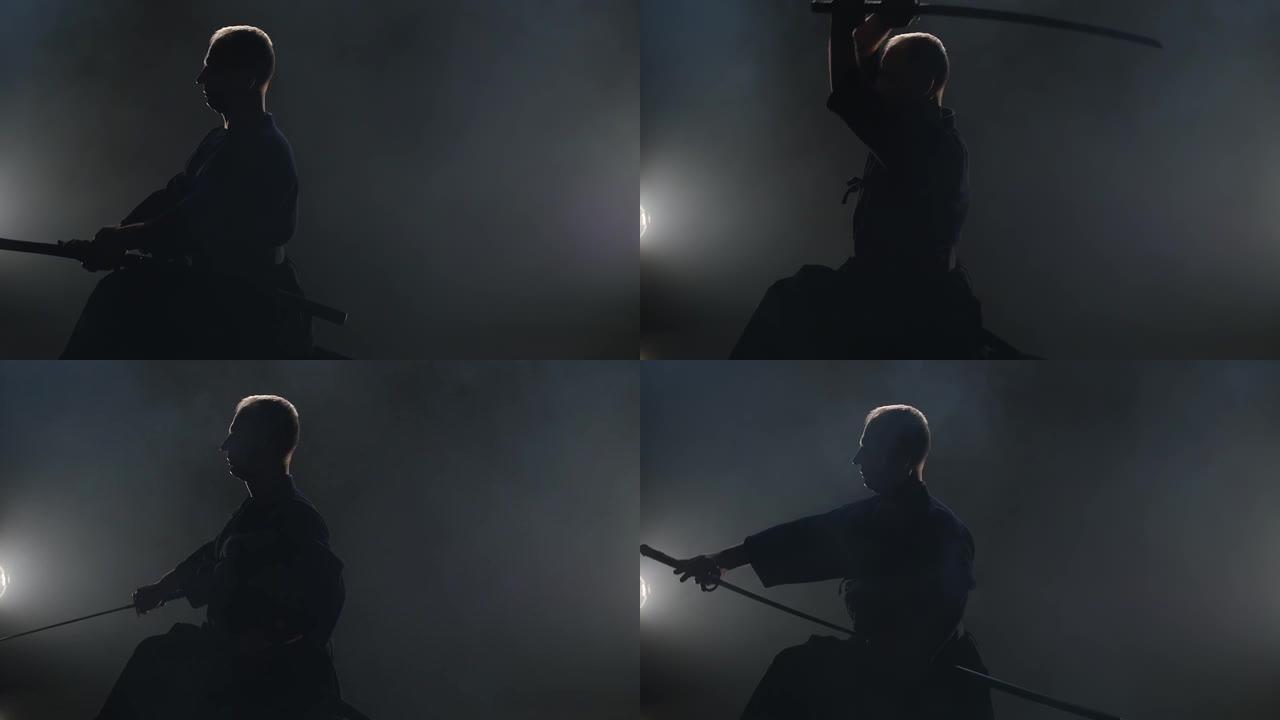 熟练的剑道教练用武士刀练习武术。慢动作