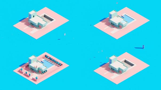 在蓝色地面上建造带有游泳池的现代房屋的3d动画。等轴测老式建筑的俯视图。