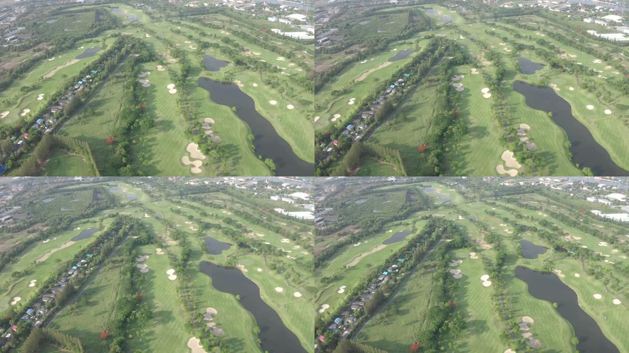 顶视图绿色高尔夫球场/室外绿色草地场地。飞行无人机的鸟瞰图。