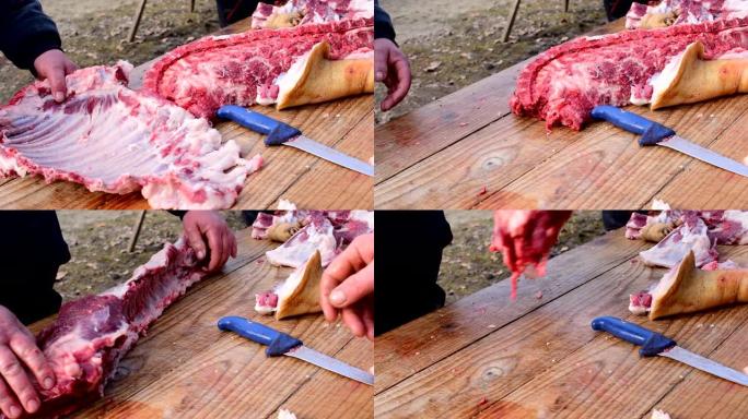 手切猪肉-新鲜屠宰的猪