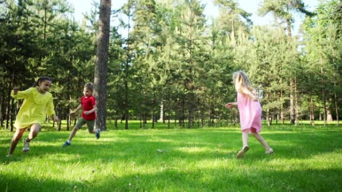 三个孩子在夏季公园的草坪上玩标签游戏的慢动作镜头。小伙伴们在阳光明媚的日子享受在绿草上跑步