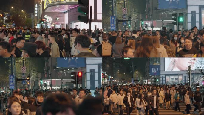 夜景人流过马路人行道