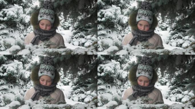 不幸的女孩在冬季森林中