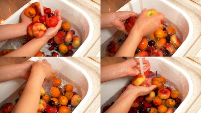 洗夏季水果，高加索妇女