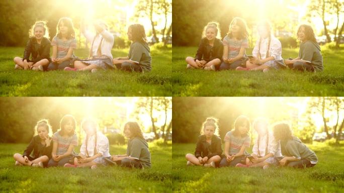 学校休息时，小学生坐在草地上。戴着眼镜和辫子的美丽女孩在夕阳下自拍