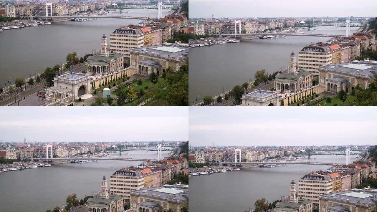 倾斜视图: 布达佩斯白天的城市景观，城堡山的伊丽莎白桥