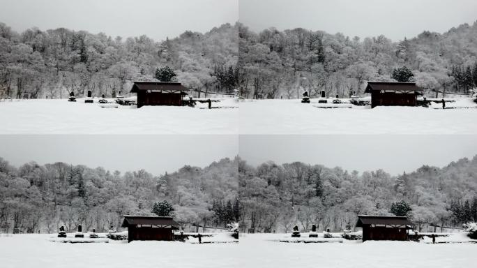 冬天的乡村，下雪了，老小屋和山上的树