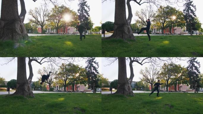 年轻的跑酷运动员在城市公园做后空翻从树上跳下来，慢动作