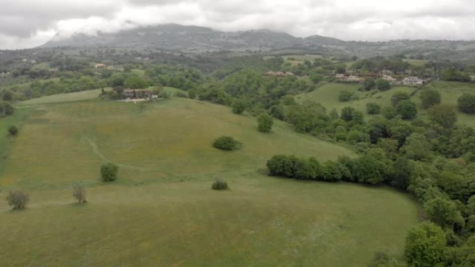 意大利乡村上空有橡树林和绿色山谷的Pnoramic鸟瞰图