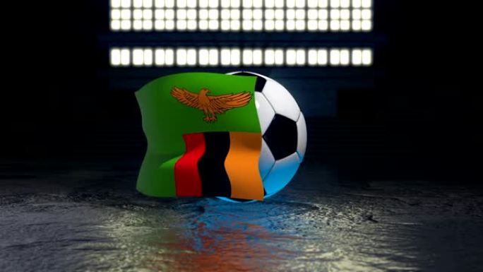 赞比亚国旗在足球周围飘扬