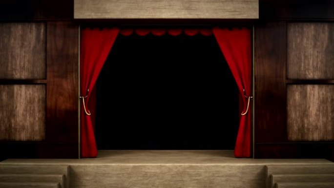 剧院、表演、歌剧、舞台、场景的3D动画红色天鹅绒窗帘开启阿尔法层