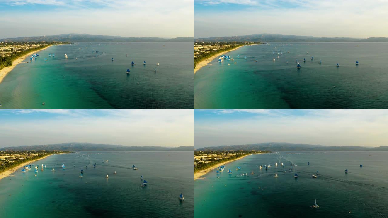 菲律宾长滩岛热带海滩和帆船。时间流逝