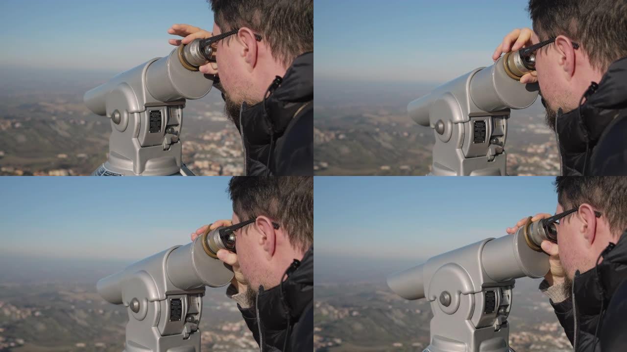 人类正在用望远镜观察自然和地标
