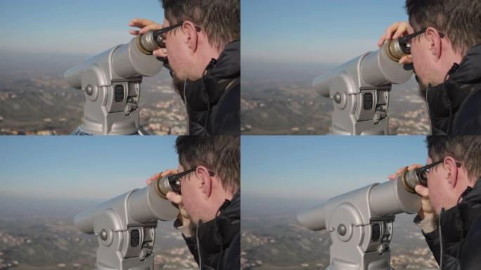 人类正在用望远镜观察自然和地标