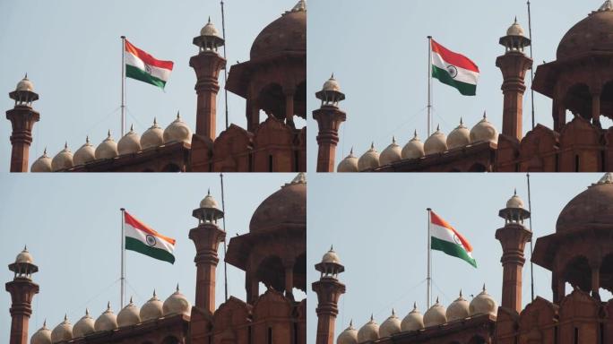 旧德里红堡上空飘扬的印度国旗特写-4K 60p