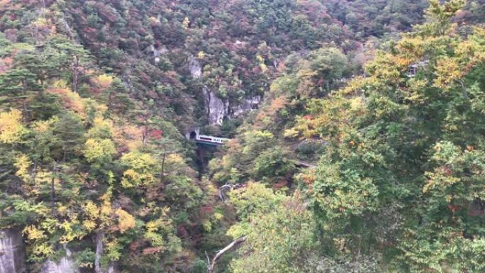 看着当地的火车正从日本宫城县的大藤泽桥离开鸣子峡谷的隧道。