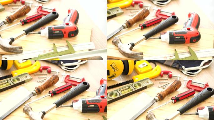 多莉射击: 木制工匠的工作工具，如锤子、防护手套、水平仪、无绳螺丝刀钻和刀
