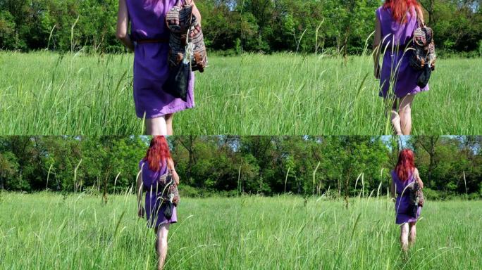 穿着淡紫色连衣裙，背着背包和一袋草药的红发女孩走过草丛。