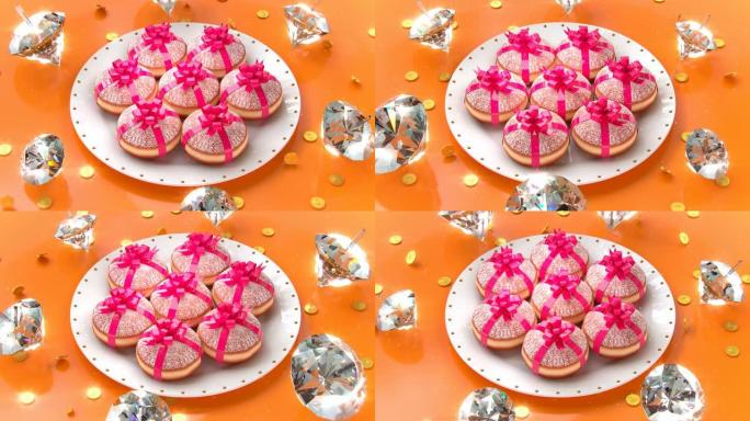 犹太光明节圆形果冻Sufganiyah甜甜圈的3D渲染包裹成礼物，放在白色盘子上，四面旋转的钻石陀螺